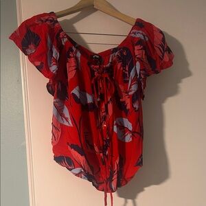 Express Red and Black Leaf Print Off-Shoulder Blouse